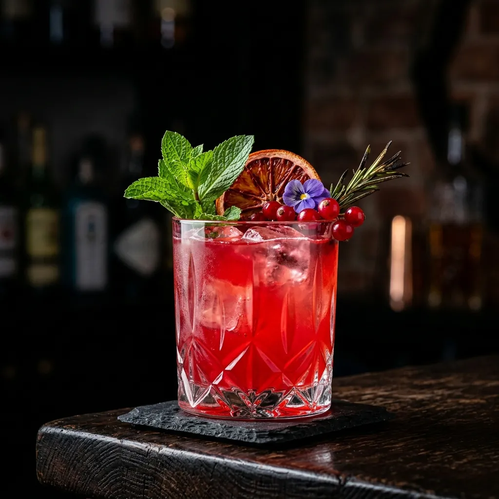A vibrant gin and tonic with botanical garnish
